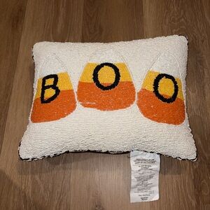 Halloween BOO Candy Corn Beaded Throw Pillow Orange Yellow Farmhouse Decor